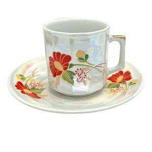 VINTAGE WAHBEH OF CHINA RED FLORAL LUSTERWARE CUPS & SAUCERS - SET OF 6
